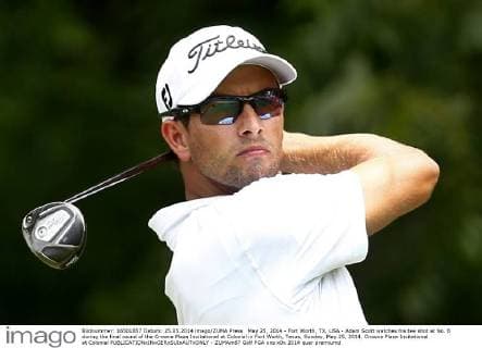 May 25, 2014 - Fort Worth, TX, USA - Adam Scott watches his tee shot at No. 6 during the final round of the Crowne Plaza Invitational at Colonial in Fort Worth, Texas, Sunday, May 25, 2014. Crowne Plaza Invitational at Colonial - ZUMAm67