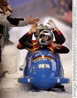 Feb. 13, 2002 - U.S. - KRT SPORTS STORY SLUGGED: OLY- BOBSLED KRT PHOTOGRAPH BY VICKI VALERIO PHILADELPHIA INQUIRER (February 23) SALT LAKE CITY, UT-- The German team takes the gold in the 4-man bobsled, Saturday February 23, 2002. (PH) NC KD BL 2002 (Vert) (lde) News Archive - Feb. 13, 2002 - ZUMAm67