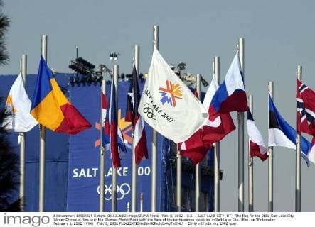 Feb. 6, 2002 - U.S. - SALT LAKE CITY, UT-- The flag for the 2002 Salt Lake City Winter Olympics flies over the Olympic Medal Plaza with the flags of the participating countries in Salt Lake City, Utah, on Wednesday February 6, 2002. (MW) - Feb. 6, 2002 - ZUMAm67