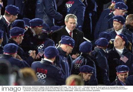 Feb. 8, 2002 - U.S. - President George W. Bush goes to sit amongst the athletes at the Winter Olympic Opening Ceremony Friday February 8, 2002 in Salt Lake City, Utah. (GT) - Feb. 8, 2002 - ZUMAm67