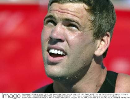 July 10, 2004 - U.S. - NO MAGS, NO SALES -- KRT SPORTS STORY SLUGGED: OLY-SWIM KRT PHOTO BY DEAN RUTZ SEATTLE TIMES (July 10) LONG BEACH, CA -- Gary Hall, Jr. emerges from the pool following his 49.38 effort in the prelims of the mens 100m freestyle at the U.S. Olympic team trials on Saturday, July 10, 2004. (mvw) 2004 News Archive - July 10, 2004 - ZUMAm67