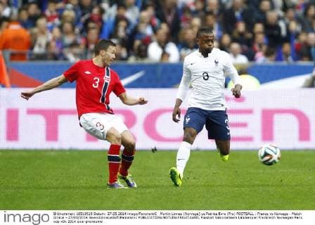 Martin Linnes (Norvege) vs Patrice Evra (Fra) FOOTBALL : France vs Norvege - Match Amical - 27 05 2014 GwendolineLeGoff Panoramic 