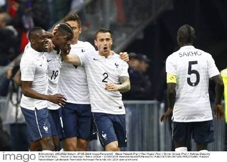 Blaise Matuidi (Fra) Paul Pogba (Fra) Olivier Giroud (Fra) Mathieu Debuchy (Fra) FOOTBALL : France vs Norvege - Match Amical - 27 05 2014 GwendolineLeGoff Panoramic 