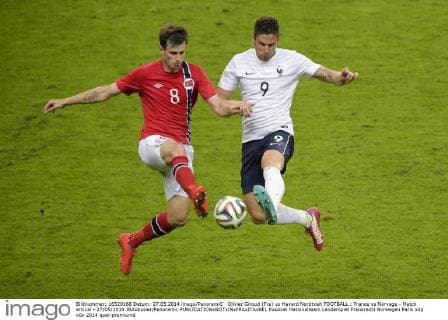 Olivier Giroud (Fra) vs Havard Nordtveit FOOTBALL : France vs Norvege - Match amical - 27 05 2014 JBAutissier Panoramic 