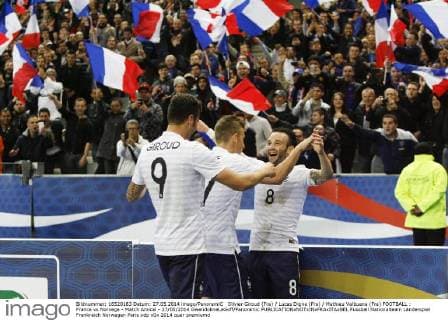 Olivier Giroud (Fra) Lucas Digne (Fra) Mathieu Valbuena (Fra) FOOTBALL : France vs Norvege - Match Amical - 27 05 2014 GwendolineLeGoff Panoramic 