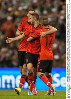 MEXICO CITY, May 28, 2014 (Xinhua) -- Miguel Layun (C) from Mexico celebrates scoring during a friendly match against Israel at the Azteca Stadium in Mexico City, capital of Mexico, on May 28, 2014. (Xinhua Pedro Mera) (SP)MEXICO-MEXICO CITY-WORLD CUP 2014-MEXICO VS ISRAEL 