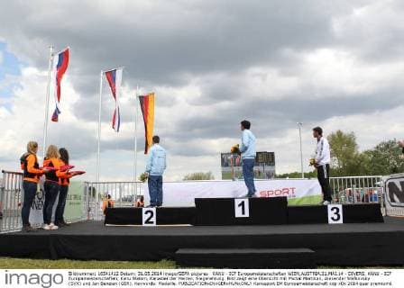 KANU - ICF Europameisterschaften WIEN,AUSTRIA,31.MAI.14 - DIVERS, KANU - ICF Europameisterschaften, Kanu Slalom, Kanadier der Herren, Siegerehrung. Bild zeigt eine Übersicht mit Michal Martikan, Alexander Slafkovsky (SVK) und Jan Benzien (GER). Keywords: Medaille. 
