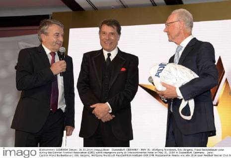 Düsseldorf, GERMANY - MAY 31: Wolfgang Niersbach, Udo Jürgens, Franz Beckenbauer pose during the German Football Association (DFB) world champions party at Intercontinental Hotel on May 31, 2014 in Düsseldorf, Germany. Local Caption Franz Beckenbauer; Udo Jürgens; Wolfgang Niersbach