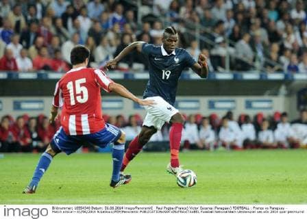 Paul Pogba (France) Victor Caceres (Paraguay) FOOTBALL : France vs Paraguay - Match amical - 01 06 2014 N.LeGouic FEP Panoramic 