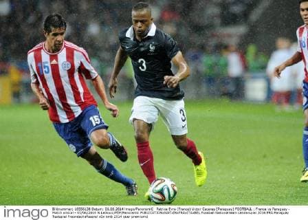 Patrice Evra (France) Victor Caceres (Paraguay) FOOTBALL : France vs Paraguay - Match amical - 01 06 2014 N.LeGouic FEP Panoramic 