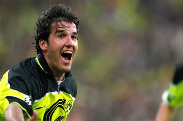 Fussball, Herren, Saison 96 97, UEFA-Champions-League Finale, im Olympia-Stadion München: Bor. Dortmund - Juventus Turin 3:1; Jubel Karlheinz Riedle (BVB). Jubel, Freude, Aktion, Einzelbild.