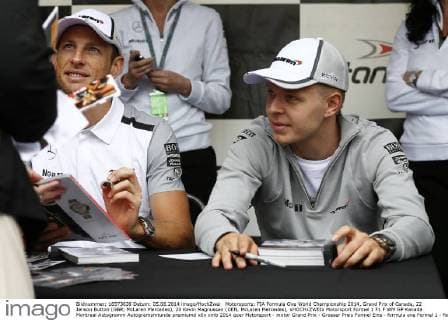 Motorsports: FIA Formula One World Championship 2014, Grand Prix of Canada, 22 Jenson Button (GBR, McLaren Mercedes), 20 Kevin Magnussen (DEN, McLaren Mercedes), xHOCHxZWEIx