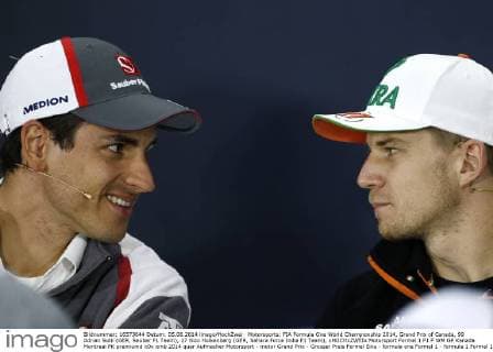 Motorsports: FIA Formula One World Championship 2014, Grand Prix of Canada, 99 Adrian Sutil (GER, Sauber F1 Team), 27 Nico Hulkenberg (GER, Sahara Force India F1 Team), xHOCHxZWEIx