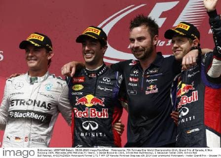 Motorsports: FIA Formula One World Championship 2014, Grand Prix of Canada, 6 Nico Rosberg (GER, Mercedes AMG Petronas F1 Team), 3 Daniel Ricciardo (AUS, Infiniti Red Bull Racing), 1 Sebastian Vettel (GER, Infiniti Red Bull Racing), xHOCHxZWEIx