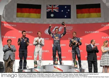 08.06.2014. Montreal, Quebec, Canada. Daniel Ricciardo of Infiniti Red Bull Racing finishes on the top step on the Podium followed by Nico Rosberg and team mate Sebastian Vettel xLeannexBoonx  ActionPlus11529463