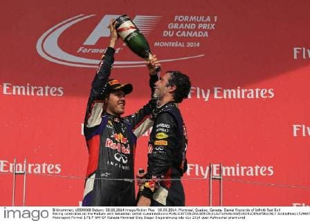 08.06.2014. Montreal, Quebec, Canada. Daniel Ricciardo of Infiniti Red Bull Racing celebrates on the Podium with Sebastian Vettel xLeannexBoonx  ActionPlus11529467