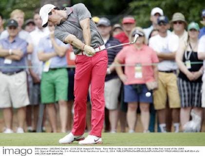 Rory McIlroy hits a tee shot on the third hole in the first round of the 114th U.S. Open at Pinehurst No. 2 in Pinehurst North Carolina on June 12, 2014.  PIN20140612106