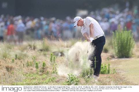 June 12, 2014 - Pinehurst, NC, USA - Stephen Gallacher hits from the rough in the 18th fairway Thursday, June 12, 2014, in Pinehurst, N.C. Players began play at Pinehurst No. 2 during the first round of the U.S. Open. U.S. Open - ZUMAm67