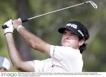 Bubba Watson watches his tee shot on the 17th hole in the second round of the 114th U.S. Open at Pinehurst No. 2 in Pinehurst North Carolina on June 13, 2014.  PIN20140613115