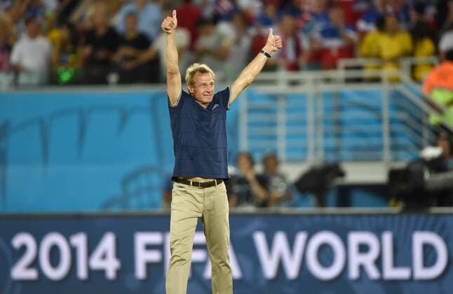 (140616) -- NATAL, June 16, 2014 (Xinhua) -- Coach of U.S. Jurgen Klinsmann celebrates for the victory after a Group G match between Ghana and U.S. of 2014 FIFA World Cup at the Estadio das Dunas Stadium in Natal, Brazil, June 16, 2014. U.S. won 2-1 over Ghana on Monday. (Xinhua Guo Yong)(pcy) (SP)BRAZIL-NATAL-WORLD CUP 2014-GROUP G-GHANA VS US 
