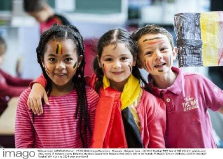 Brussels , Belgium June , 17 2014 Football FIFA World CUP 2014 In schools and classrooms of Brussels young Belgians students support the Belgians Red Devils before the match. 