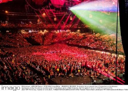 BRUSSELS, BELGIUM: Illustration shows general view of supporters in the Antwerp Sportpaleis during the viewing on a big screen of the soccer game in Belo Horizonte, the first game in Group H of the first round of the 2014 FIFA World Cup, Tuesday 17 June 2014. 