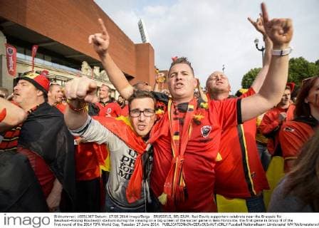 BRUSSELS, BELGIUM: Red Devils supporters celebrate near the Brussels Roi Baudouin-Koning Boudewijn stadium during the viewing on a big screen of the soccer game in Belo Horizonte, the first game in Group H of the first round of the 2014 FIFA World Cup, Tuesday 17 June 2014. 