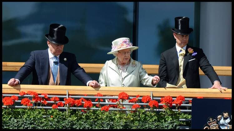 Image Â©Licensed to i-Images Picture Agency. 18 06 2014. Ascot, United Kingdom. HM The Queen with Prince Andrew and Prince Edward watch the race horse s in the parade ring for 3rd race The Prince of wales Stakes on Day 2 of Royal Ascot at Ascot Racecourse. Picture by Andrew Parsons i-Images AndrewxParsonsx xi-Images  IIM-2483-0031