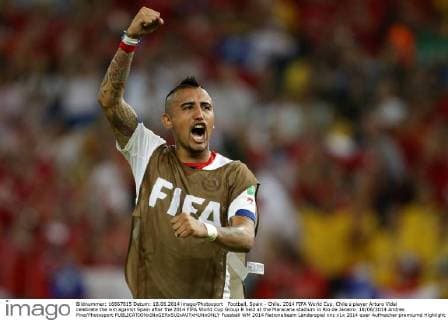Football, Spain - Chile. 2014 FIFA World Cup. Chile s player Arturo Vidal celebrate the win against Spain after the 2014 FIFA World Cup Group B held at the Maracana stadium in Rio de Janeiro. 18 06 2014 Andres Pina Photosport 