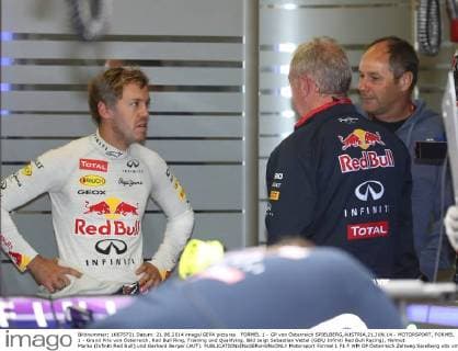 FORMEL 1 - GP von Österreich SPIELBERG,AUSTRIA,21.JUN.14 - MOTORSPORT, FORMEL 1 - Grand Prix von Österreich, Red Bull Ring, Training und Qualifying. Bild zeigt Sebastian Vettel (GER Infiniti Red Bull Racing), Helmut Marko (Infiniti Red Bull) und Gerhard Berger (AUT). 