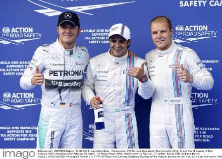 Motorsports: FIA Formula One World Championship 2014, Grand Prix of Austria, 6 Nico Rosberg (GER, Mercedes AMG Petronas F1 Team), 19 Felipe Massa (BRA, Williams Martini Racing), 77 Valtteri Bottas (FIN, Williams Martini Racing), xHOCHxZWEIx