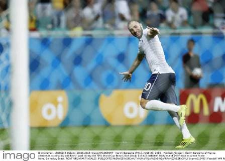 Karim Benzema (FRA), JUNE 20, 2014 - Football Soccer : Karim Benzema of France celebrates scoring his side fourth goal during the FIFA World Cup Brazil 2014 Group E match between Switzerland 2-5 France at Arena Fonte Nova, Salvador, Brazil. NOxTHIRDxPARTYxSALES.  (oqma013485)