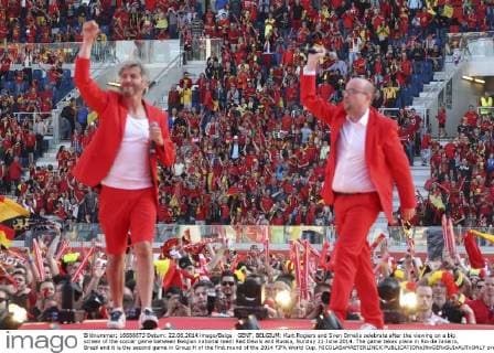 GENT, BELGIUM: Kurt Rogiers and Sven Ornelis celebrate after the viewing on a big screen of the soccer game between Belgian national team Red Devils and Russia, Sunday 22 June 2014. The game takes place in Rio de Janeiro, Brazil and it is the second game in Group H of the first round of the 2014 FIFA World Cup. NICOLASxMAETERLINCK  premiumd Highlight 04214292