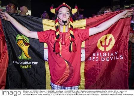 CHARLEROI, BELGIUM: Red Devils supporters celebrate after winning 1-0 at the viewing on a big screen of the soccer game, Sunday 22 June 2014. The game takes place in Rio de Janeiro and it is the second game in Group H of the first round of the 2014 FIFA World Cup. NICOLASxLAMBERT  premiumd Highlight 04214390