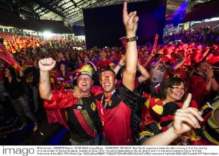 CHARLEROI, BELGIUM: Red Devils supporters celebrate after winning 1-0 at the viewing on a big screen of the soccer game, Sunday 22 June 2014. The game takes place in Rio de Janeiro and it is the second game in Group H of the first round of the 2014 FIFA World Cup. NICOLASxLAMBERT  premiumd Highlight 04214393