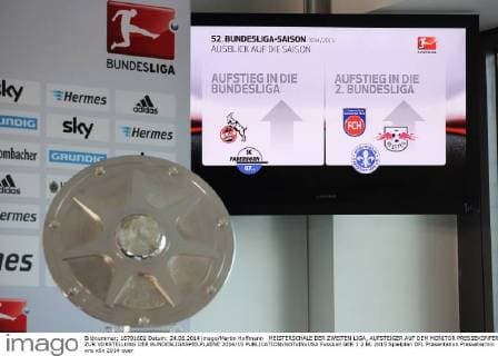 MEISTERSCHALE DER ZWEITEN LIGA, AUFSTEIGER AUF DEM MONITOR PRESSEKONFERENZ ZUR VORSTELLUNG DER BUNDESLIGASPIELPLAENE 2014 15 