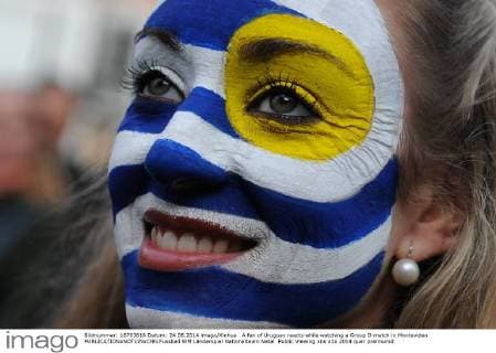 A fan of Uruguay reacts while watching a Group D match in Montevideo 