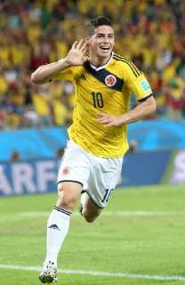 (140624) -- CUIABA, June 24, 2014 (Xinhua) -- Colombia s James Rodriguez celebrates the goal during a Group C match between Japan and Colombia of 2014 FIFA World Cup at the Arena Pantanal Stadium in Cuiaba, Brazil, June 24, 2014. (Xinhua Li Ming) (SP)BRAZIL-CUIABA-WORLD CUP 2014-GROUP C-JAPAN VS COLOMBIA 