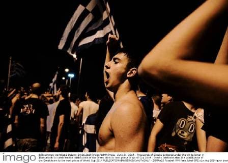 June 24, 2014 - Thousands of Greeks gathered under the White tower in Thessaloniki to celebrate the qualification of the Greek team to next phase of World Cup 2014 . Greeks celebrate after the qualification of the Greek team to the next phase of World Cup 2014  - ZUMAn23