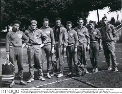 Wolfgang Behrendt, 85. Geburtstag am 14. Juni Jul. 17, 1960 - Competition for participation in Olympic Games in the ten fight: In Schweinfurt West-Germany on July 16th, the competitions between East- and West-Germany started which are to decide over participation in the Olympic Games. Photo shows the eight competitors (ten-fighters) left to right : Walter Meier (MEIER) -East-, Werner von Moltke (MOLTKE) -West-, Hartmund Behrendt (BEHRENDT) -East-, Dieter Moehring (MOEHRING) -West-, Wolfgang Utech (UTECH) -East- , Manfred Bock (BOCK) -West-, Klaus Grogorenz (GROGORENZ) -East-, and Joachim Janeke (JANEKE) -West- - ZUMAk09