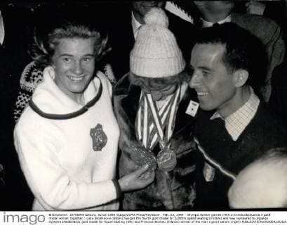 Feb. 02, 1964 - Olympic Winter games 1964 in Innsburk Austria 3 gold medal winner together.: Lidia Skoblikova (USSR) has got the fourth gold medal for 3,000m speed skating (middle) and was wondered by Sjoukje Syjkstra (Nederland) gold medal for figure skating (left) and Francios Bonlieu (France) winner of the man s giant slalom (right)  - ZUMAk09