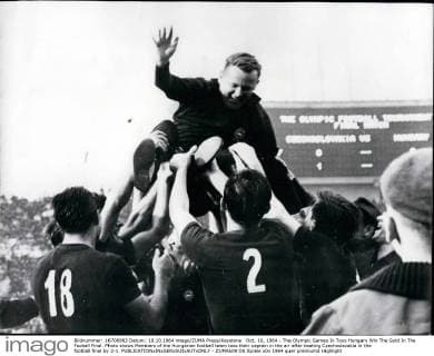 Oct. 10, 1964 - The Olympic Games In Toyo Hungary Win The Gold In The Fooball Final. Photo shows Members of the Hungarian football team toss their captain in the air after beating Czechoslavakia in the football final by 2-1.  - ZUMAk09