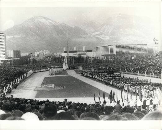 Feb. 08, 1968 - Opening of the Winter Olympic Games. Photo Shows: General view of the scene at Grenoble at the opening of the tenth Winter Olympic Games. In centre the Olympic Flag can be seen being raised.  - ZUMAk09