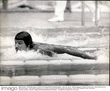 Sep. 04, 1972 - Olympic games in Munich (swimming). Mark Spitz wins his fifth gold medal.: Mark Spitz of America, on his way to winning his fifth Olympic Gold Medal, in the 100 M Butterfly Final, during the Olympic Games in Munich.  - ZUMAk09