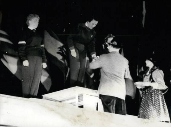 Jan. 01, 1956 - Photo shows German Ossi Reichert (OSSI REICHERT) winner of the olympic slalom race at Cortina receives her golden medal. The second and the third place were taken by Austrian racers.  - ZUMAk09