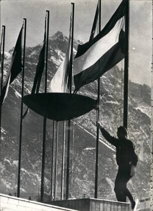 Jan. 01, 1956 - Inauguration of the 7th Olympic Winter games at Cortina. Italian speed Skater Guido Caroli lits the Olympic light.  - ZUMAk09