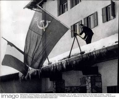 Jan. 17, 1956 - The Soviet Flag over the streets of Cortina, - ready for the Winter Olympics.  - ZUMAk09