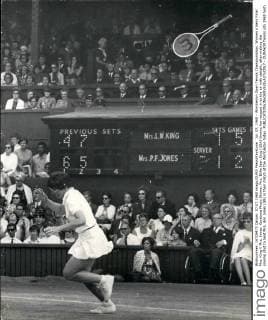 Jul. 07, 1968 - Wimbledon Open Tennis Championships. Women s Semi Final Mrs. King V Mrs. Jones. Keystone Photo Shows: Mrs. Billie Jean King (USA) throws her racquet in to the air with delight, after making the sinning shot to beat Mrs. Ann Jones (GB) in their match at the Wimbledon today.  - ZUMAk09