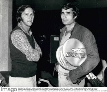 Jun. 06, 1973 - Britain s Roger Taylor Joins the World Top Tennis Players in Boycotting the Wimbledon Championships: Following a meeting of the Association of Tennis Professionals at a London hotel today, the world s top professional players announced that they would boycott the Wimbledon championships, due to start on Monday. This decision was taken after the banning of Yugoslav player, Nikki Pilic. Photo shows Pictured at today s meeting are Britain s Roger Taylor (right) with Australia s Roy Emerson.  - ZUMAk09