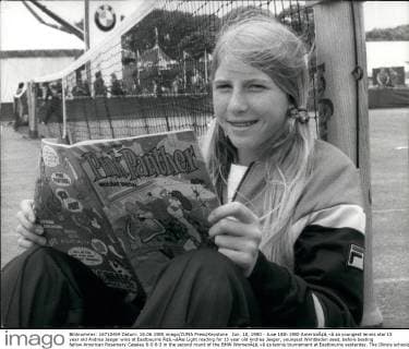 Jun. 18, 1980 - June 18th 1980 AmericaÃ¢â‚¬â ¢s youngest tennis star 15 year old Andrea Jaeger wins at Eastbourne Ã¢â‚¬âÄœ Light reading for 15 year old Andrea Jaeger, youngest Wimbledon seed, before beating fellow American Rosemary Caseleu 6-0 6-3 in the second round of the BMW WomenÃ¢â‚¬â ¢s tennis tournament at Eastbourne yesterday. The Illinois schoolgirl is ranked 14th of the 16 womenÃ¢â‚¬â ¢s singles seeds.  - ZUMAk09
